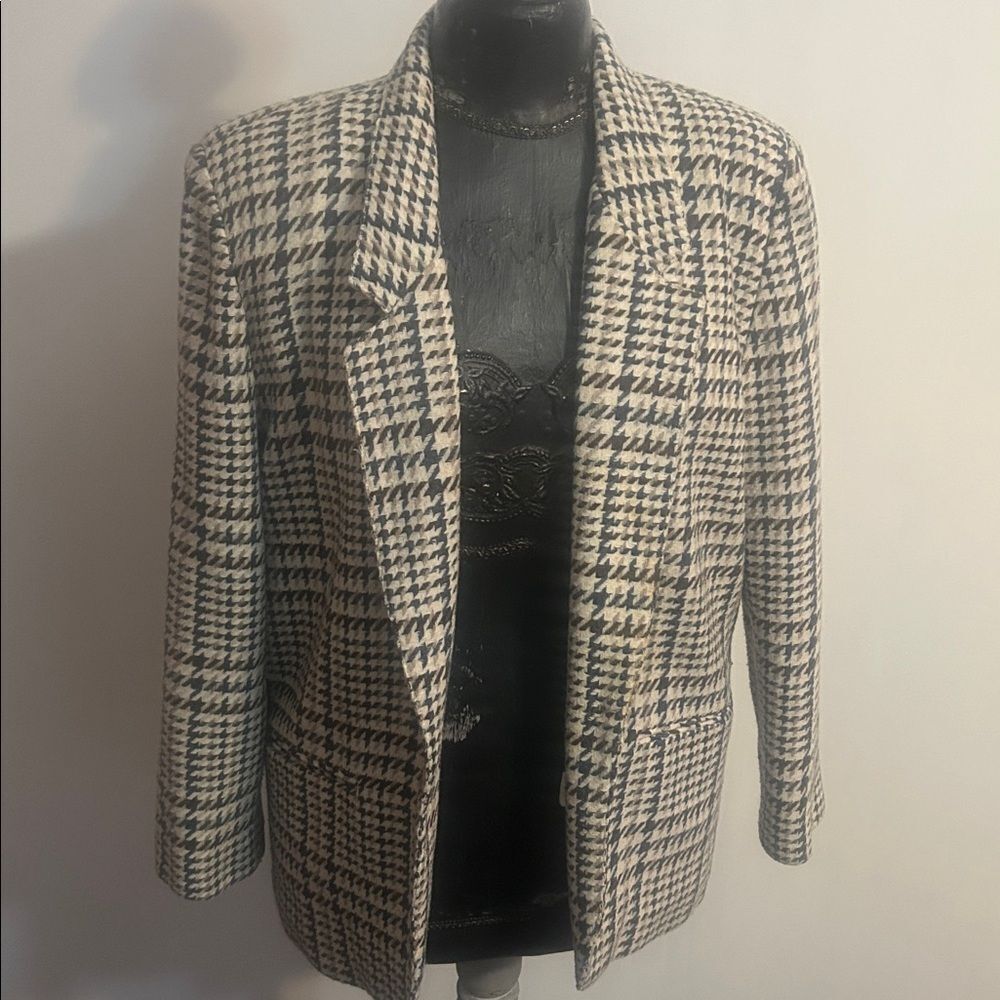 Tofy Vintage Blue/Tan/Brown houndstooth pattern Wool blend blazer, size 8